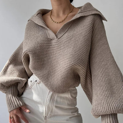 Pull en maille à manches lanterne confortables et col ouvert