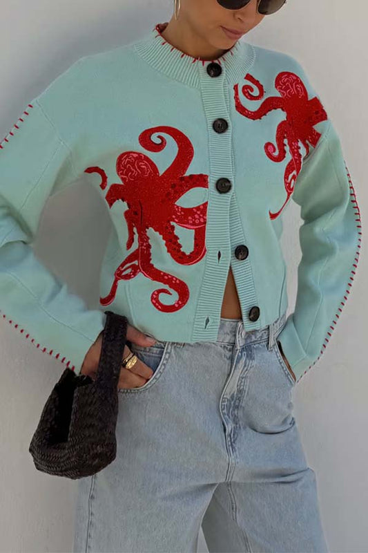 Cardigan côtier en maille confortable avec motif pieuvre et bordure contrastée