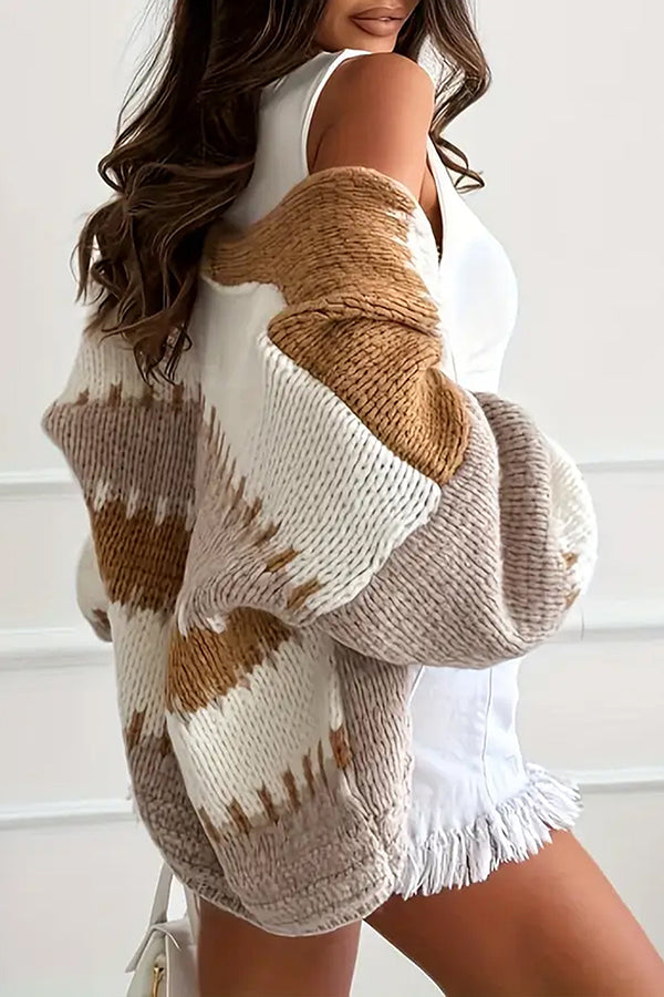 Cardigan Tricoté Décontracté Confortable avec Détail de Couture Contrastante