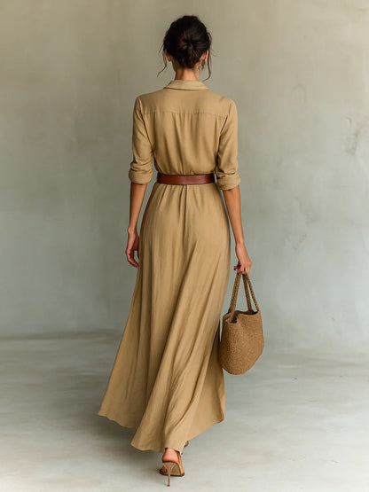 Robe longue élégante à manches longues ajustée avec col à revers