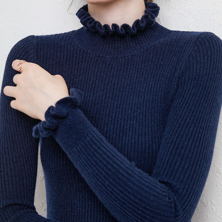 Pull en maille col roulé confortable avec bordure à volants féminine