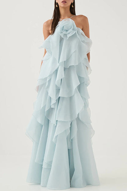 Robe Maxi à Volants à Plusieurs Niveaux avec Col Halter et Détail Rose