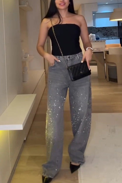 Jeans décontractés taille haute à jambes droites avec strass et poches