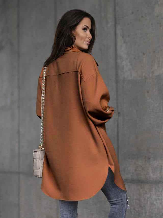 Veste-chemise longue confortable à boutons avec col et revers en laine