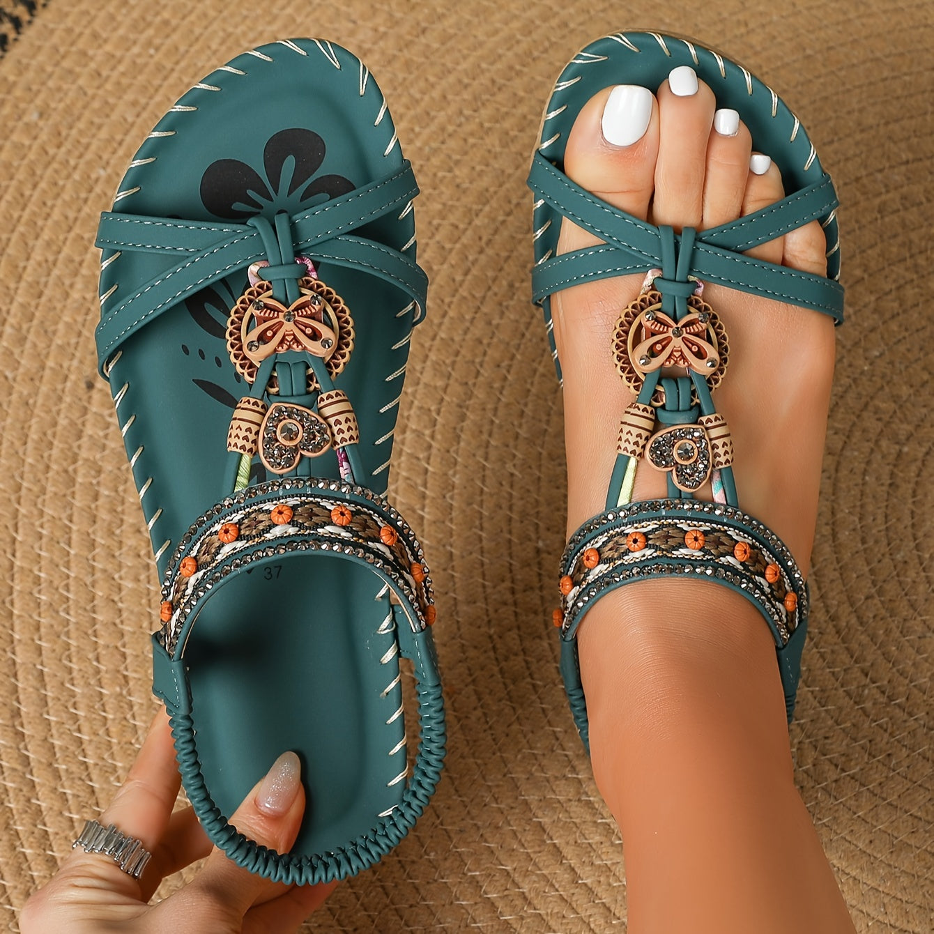 Sandales Plates Femme Confortables En Cuir Perlé
