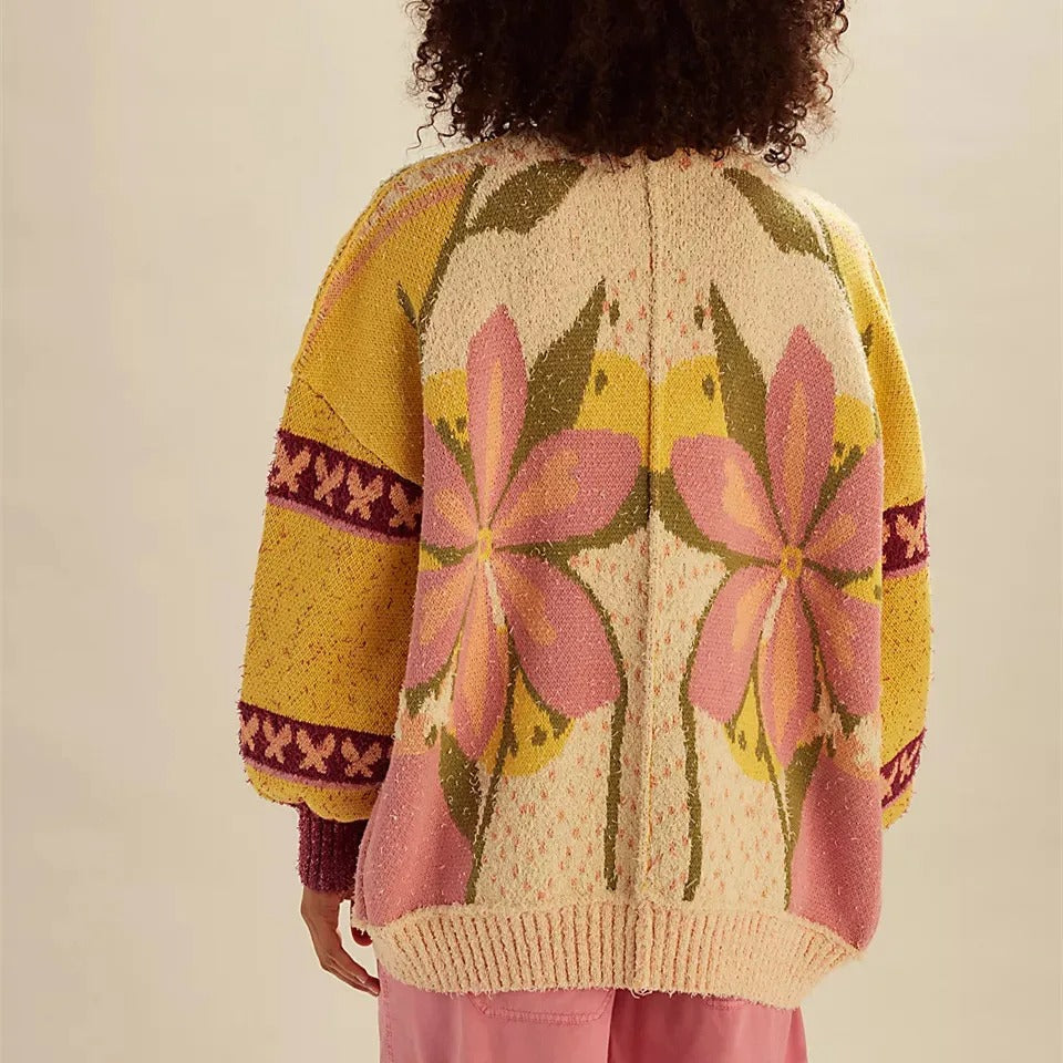 Cardigan en tricot floral confortable, coupe ample et manches longues
