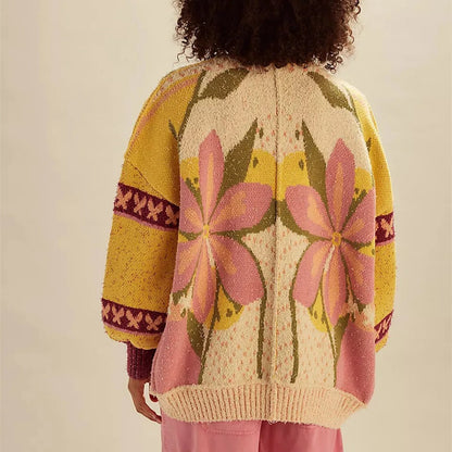 Cardigan en tricot floral confortable, coupe ample et manches longues