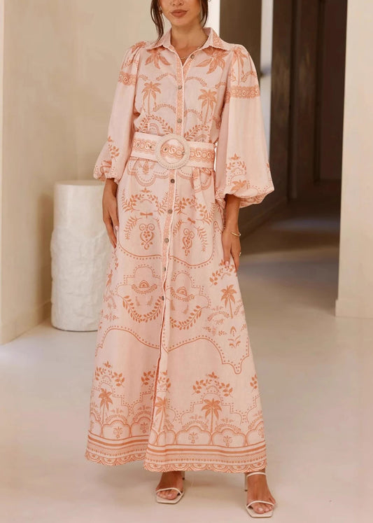 Sophie Paris® I Robe chemise en lin imprimé rose avec manches ballon et ceinture à nouer