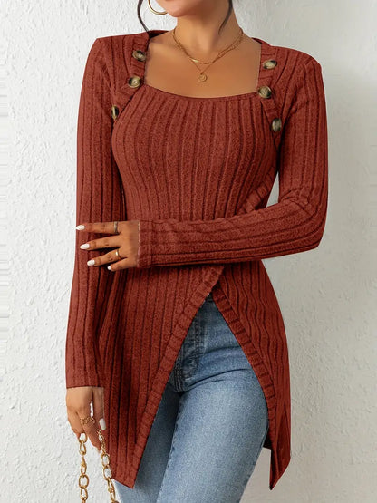 Top Asymétrique En Coton Avec Boutons et Côtes