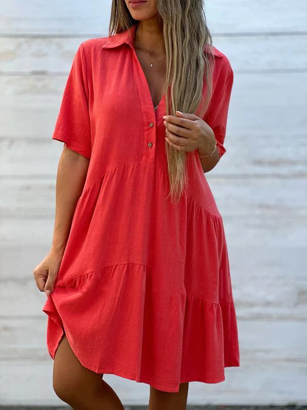 Vionelle™ - Robe décontractée, unie, à manches courtes en coton et lin pour femme