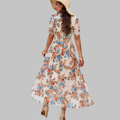 Pauline Laurent® | Robe midi à col V floral et manches courtes