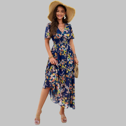 Pauline Laurent® | Robe midi à col V floral et manches courtes
