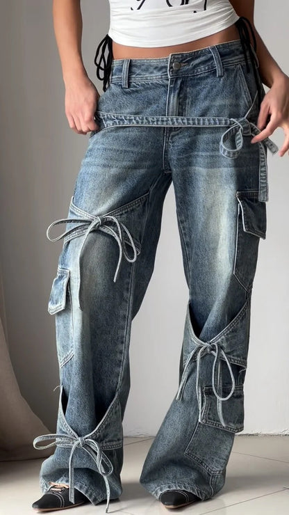 Jean utilitaire en denim avec nœud