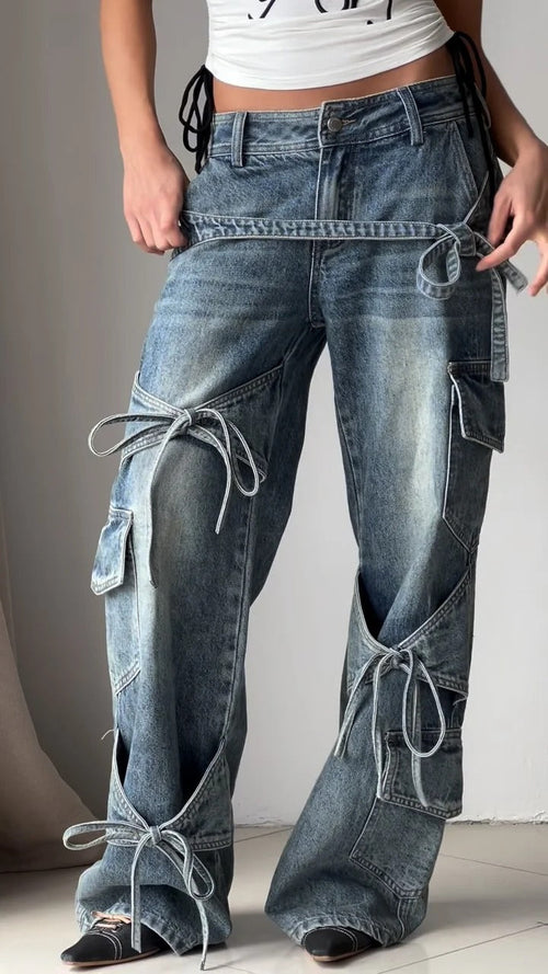Jean utilitaire en denim avec nœud