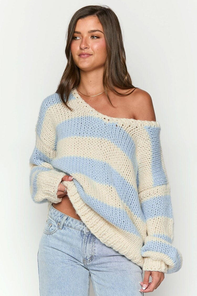 Pull en tricot à rayures, épaules dénudées, confortable pour les superpositions d'automne