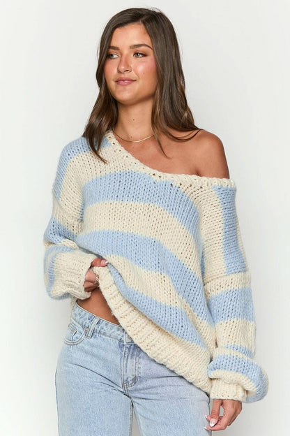 Pull en tricot à rayures, épaules dénudées, confortable pour les superpositions d'automne