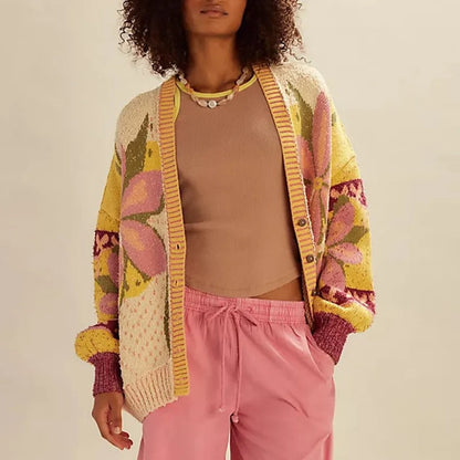 Cardigan en tricot floral confortable, coupe ample et manches longues