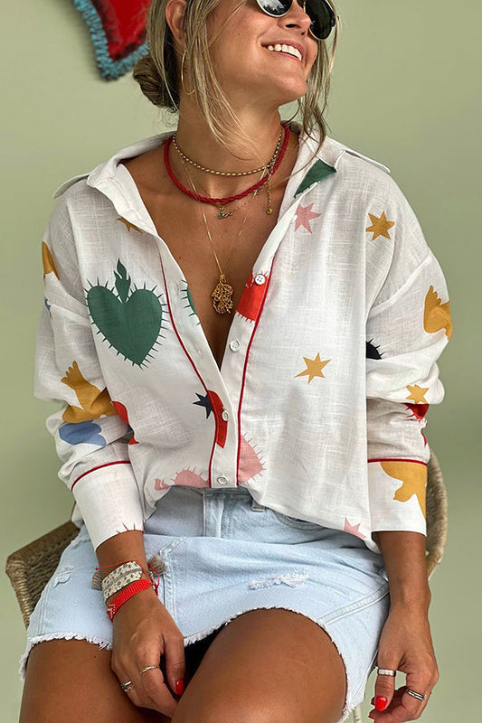 Blouse ample imprimée en mélange de lin à boutons-poussoirs