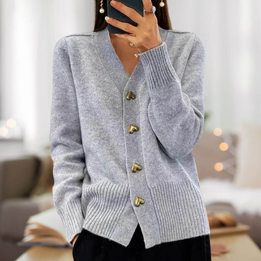 Veste Tricotée Chic avec Boutons en Forme de Cœur