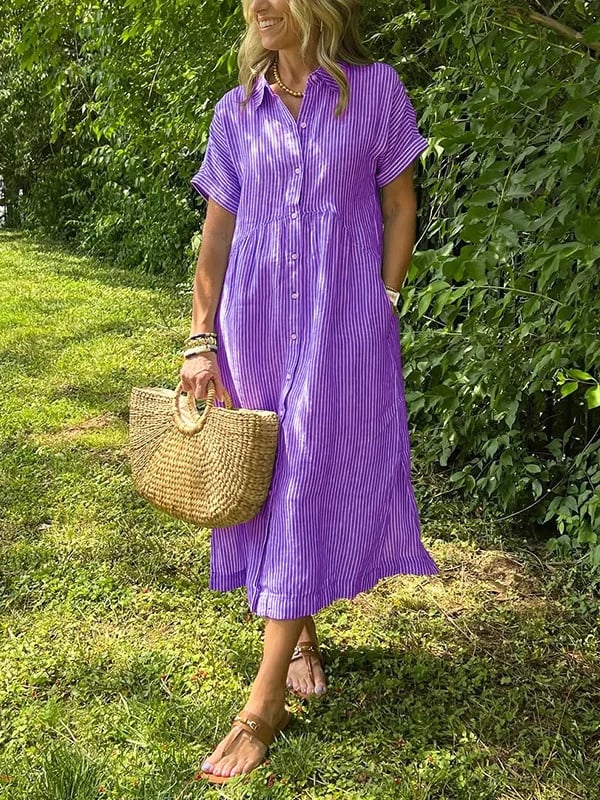 Robe chemise rayée pour femme avec revers et boutons