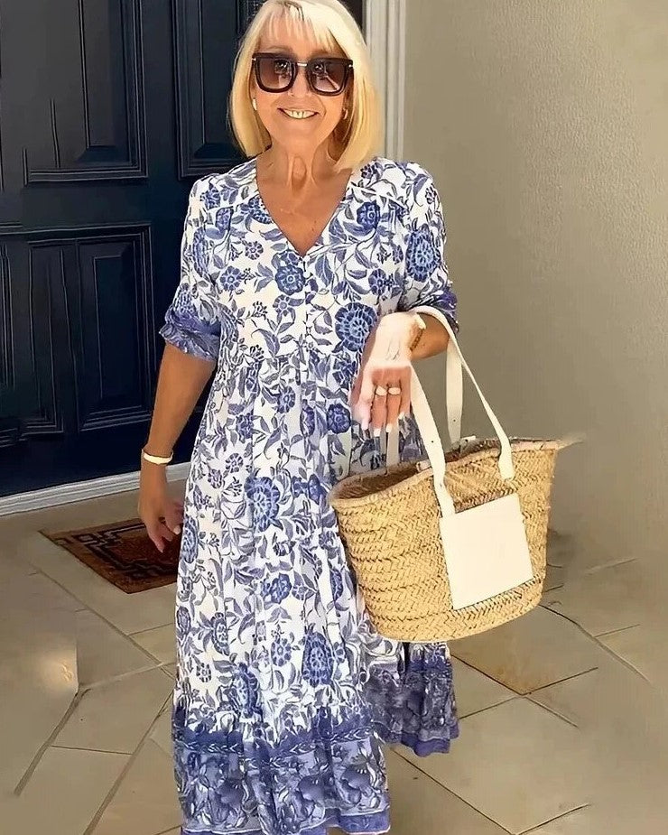 Robe Fleurie Col V Évasée Élégante pour Femme