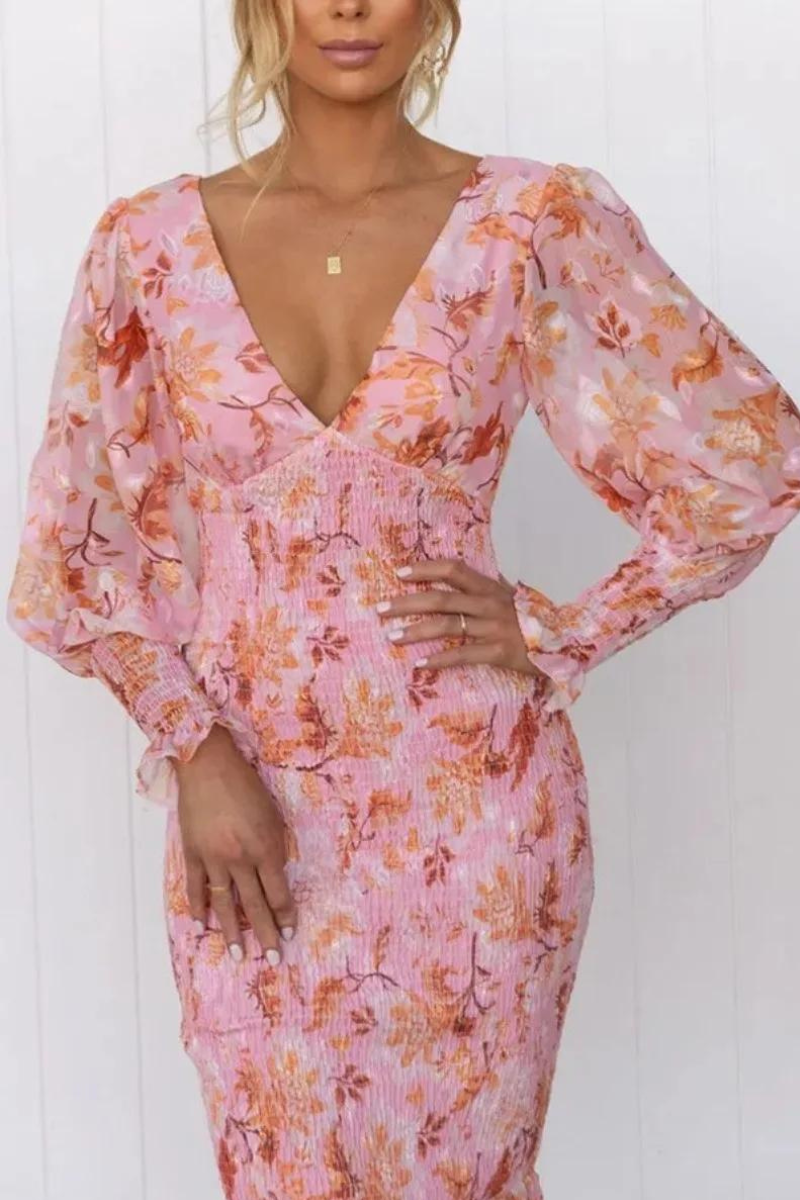 Robe Elegante Midi Fleurie Col V Femme