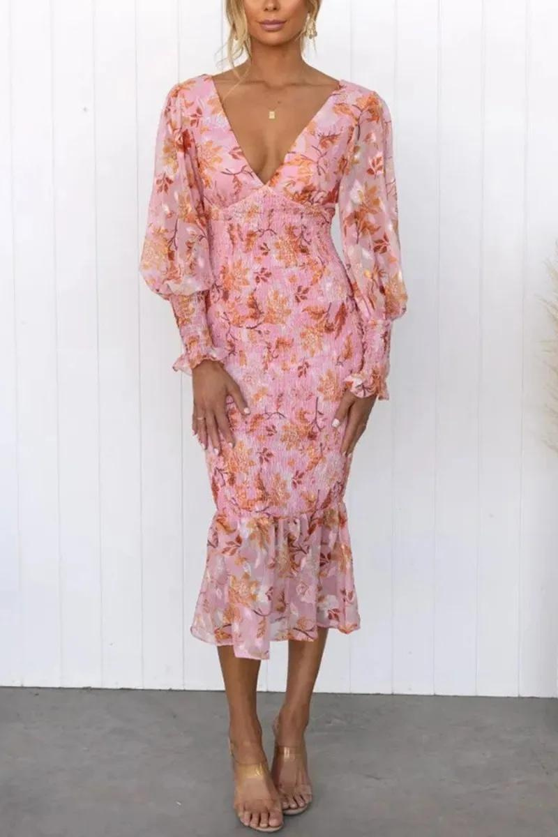 Robe Elegante Midi Fleurie Col V Femme