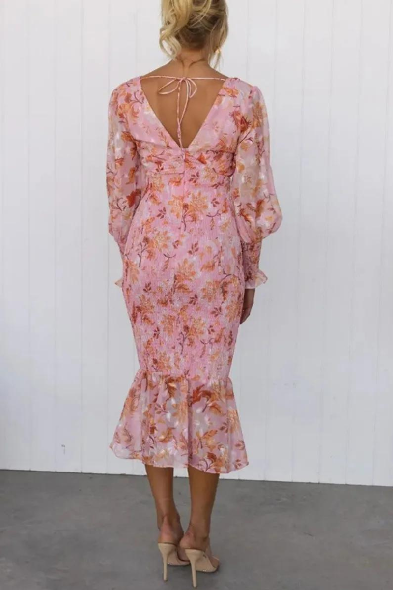 Robe Elegante Midi Fleurie Col V Femme