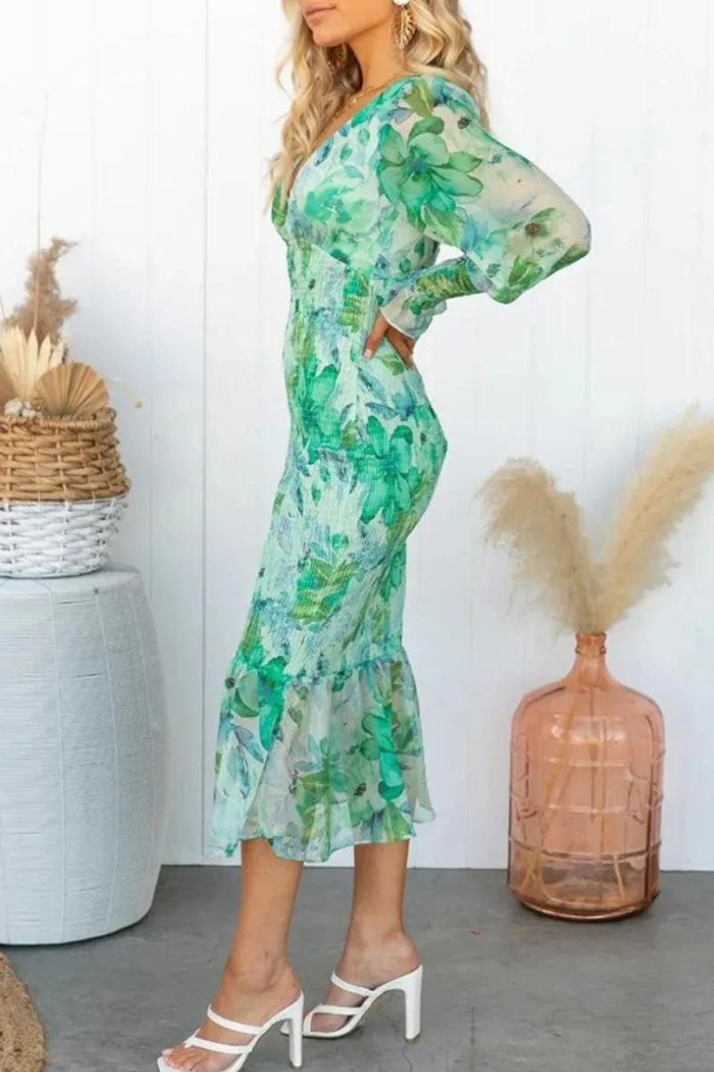 Robe Elegante Midi Fleurie Col V Femme