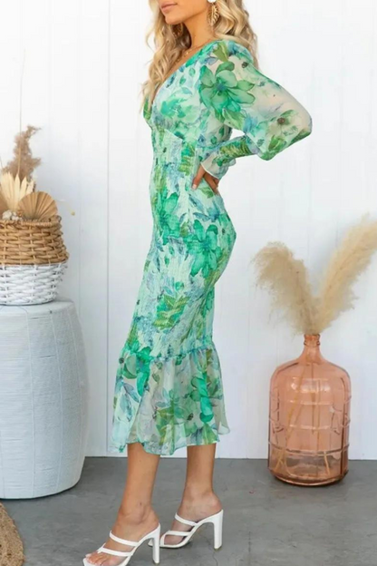 Robe Elegante Midi Fleurie Col V Femme