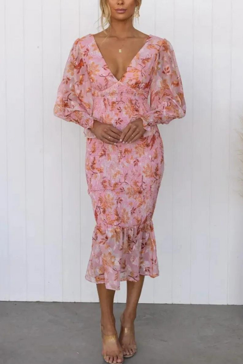 Robe Elegante Midi Fleurie Col V Femme