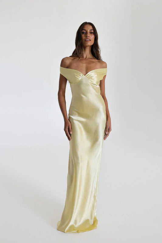 Elegant Women's Satin Evening Dress with Off-the-Shoulder Neckline