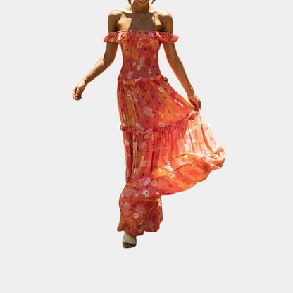 Robe Longue En Mousseline Florale À Épaules Dénudées Pour Femme