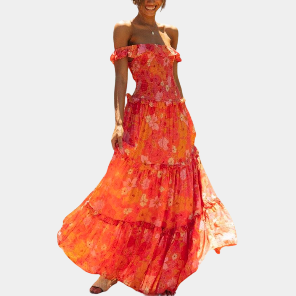 Robe Longue En Mousseline Florale À Épaules Dénudées Pour Femme