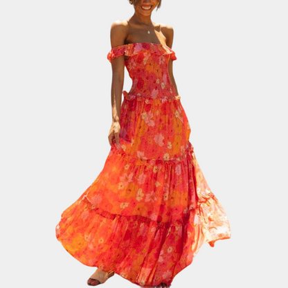 Robe Longue En Mousseline Florale À Épaules Dénudées Pour Femme