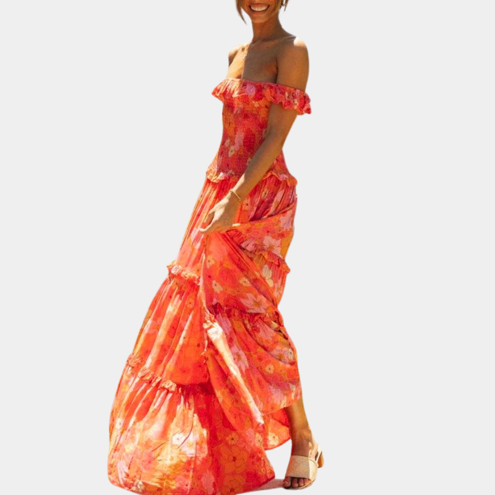 Robe Longue En Mousseline Florale À Épaules Dénudées Pour Femme