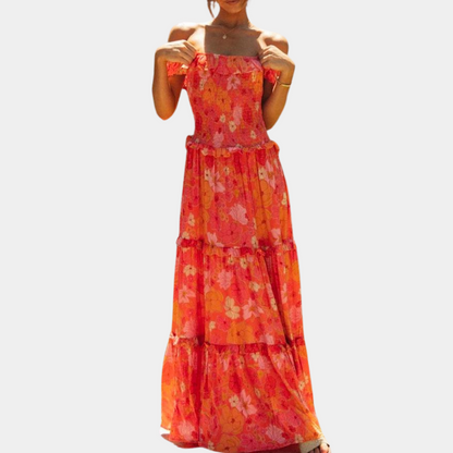 Robe Longue En Mousseline Florale À Épaules Dénudées Pour Femme