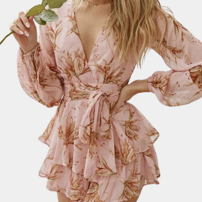 Robe Courte À Volants Imprimé Fleuri Col V Pour Femme