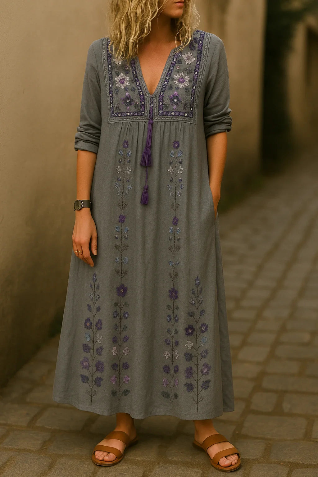 Mosy™ | Robe Bohème Brodée Élégante à Col V