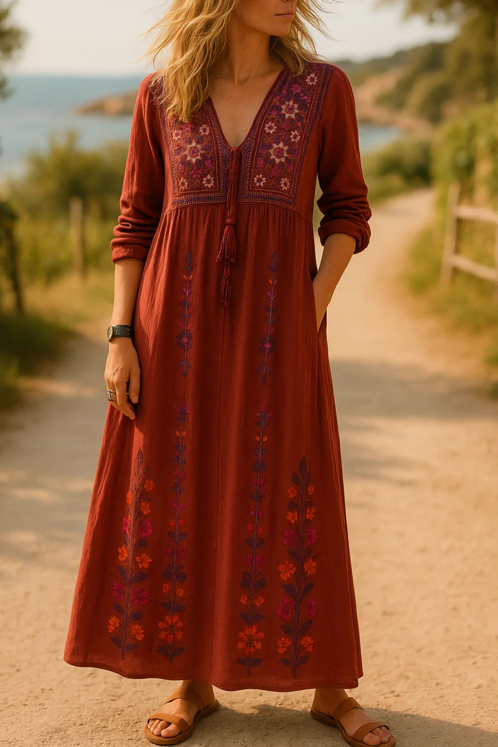 Mosy™ | Robe Bohème Brodée Élégante à Col V