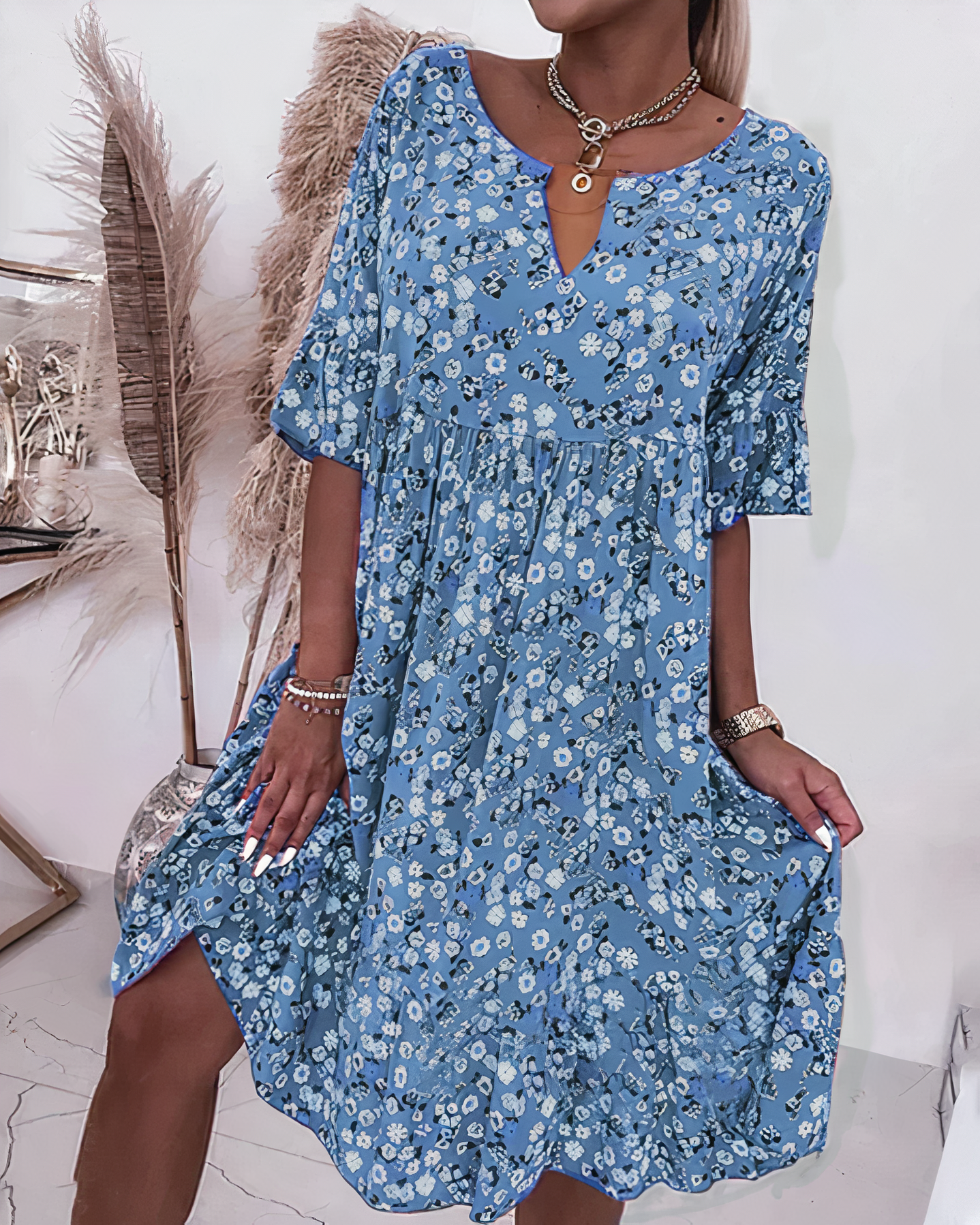 Robe à fleurs été femme, genou, demi-manches, élégante et confortable