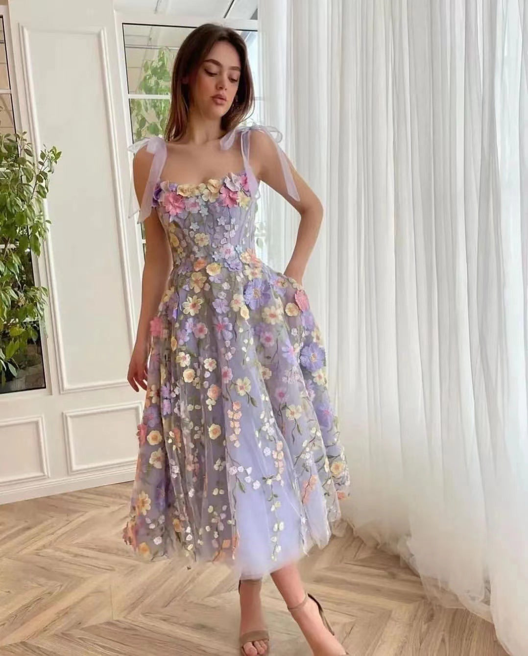 Robe Elegante Mini Florale en Mesh Femme