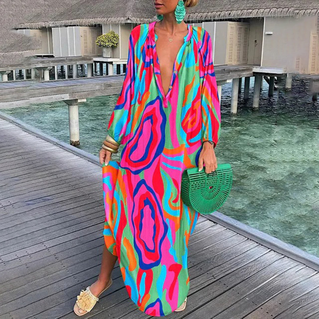 Robe Longue Bohème à Boutons Mi-Ouverts Pour Femme