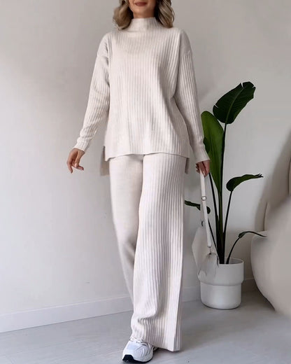 Ensemble Chic Ample en Tricot Côtelé Col Roulé Pantalon Femme