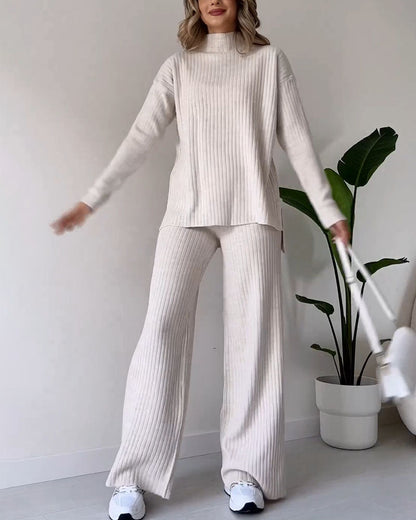 Ensemble Chic Ample en Tricot Côtelé Col Roulé Pantalon Femme