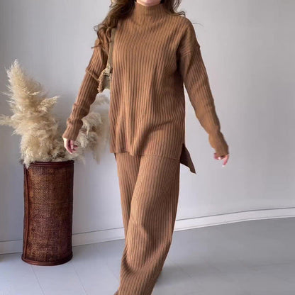 Ensemble Chic Ample en Tricot Côtelé Col Roulé Pantalon Femme