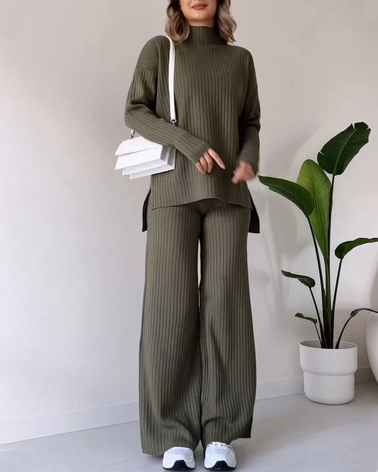 Ensemble Chic Ample en Tricot Côtelé Col Roulé Pantalon Femme