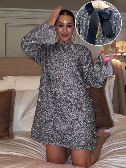 Robe Mini À Paillettes Et Nœud Manches Longue Pour Femme