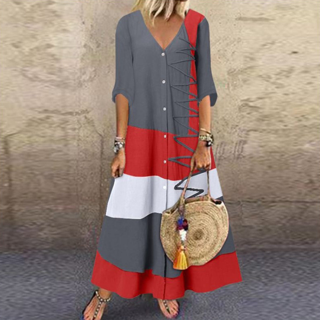 Robe Longue Rayée Chic À Boutons Et Manches Longues Pour Femme