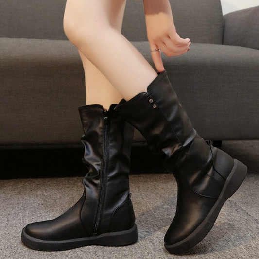 Bottes Hautes En Cuir Avec Fermeture Éclair Pour Femmes